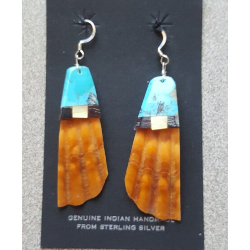 Turquoise Shell Jet Drop Earrings Handmade  Sterling Silver Fish Hoop Ear Wires